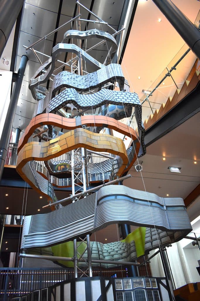 Tower of Varieties suspended sculpture in the foyer of the Birmingham Hippodrome, by Rachael Champion, 2019