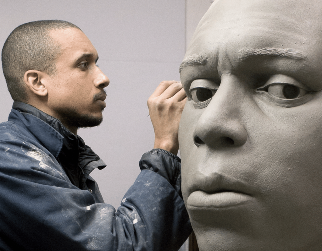 Pangaea Artist Patron Thomas J Price at work, sculpting a 5x life-size head in clay.